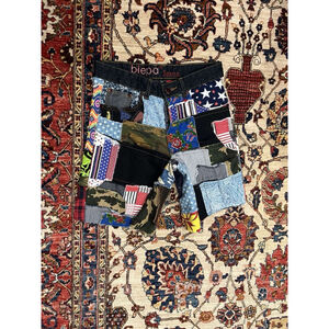 Biepa Patchwork Multicolor Patterns Fabric Button Fly Cut-Off Jean Shorts 29